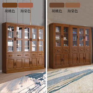 实木书柜现代中式书架，带玻璃门落地储物简约书橱，办公室书房置物架
