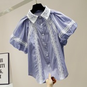 衬衫女短袖法式设计感小众蕾丝，2023春夏宫廷风白色泡泡袖上衣