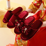 思泽拖鞋红色新娘新郎婚礼，拖鞋绸缎露趾一对结婚拖鞋红色情侣男女