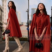 高端定制倪妮同款红色，单排扣斗篷大衣，羊毛外套女中款宽松英伦时尚