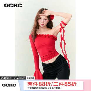OCRC Official 红色斜领花朵荷叶喇叭袖上衣女甜辣性感露肩针织衫