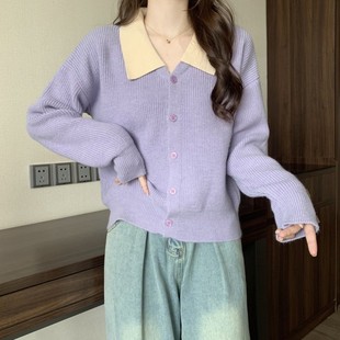 大码女装2023春季装胖MM法式韩系翻领紫色毛衣开衫针织外套女