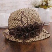 夏季女士复古优雅花朵渔夫草帽，时尚卷边镂空盆帽装饰小礼帽女