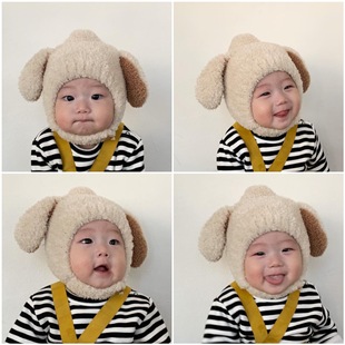 婴儿帽子秋冬韩版婴幼儿兔子耳朵毛绒绒(毛绒绒)保暖护耳帽宝宝帽子可爱