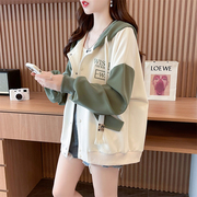 小个子连帽卫衣女秋冬季韩版宽松大码加绒加厚撞色棒球服开衫外套