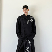 新中式国风斜门襟亚麻盘扣衬衫，男长袖小众，竹子刺绣设计感复古衬衣