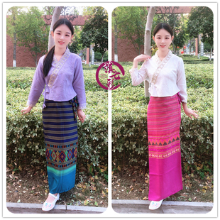 泰国傣族服饰女装套装八分袖双层压花上衣套装棉织布裙锦缎裙筒裙