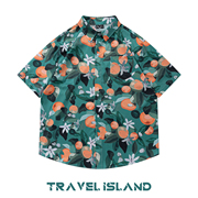 travelisland花果满枝头(满枝头，)田园橘子花朵满印夏威夷绿色花衬衫ins