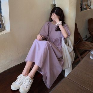 韩国紫色蝴蝶结泡泡，袖连衣裙韩式复古高腰宽松长款裙子
