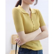 法式polo领冰丝针织短袖t恤女夏季设计感短款别致五分袖黄色上衣