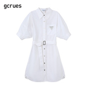 gcrues白色衬衫裙女中长款夏小个子连衣裙韩版短袖A字裙翻领