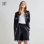 ODTD 2023秋季女士小众设计款黑白条纹织带拼接中长款皮外套