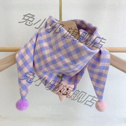 韩版棉麻儿童格子三角巾2021卡通宝宝围巾婴儿口水巾两用围脖
