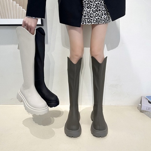 骑士靴女高跟秋冬显瘦v口女靴小个子，厚底高白色(高白色，)筒不过膝长筒靴子