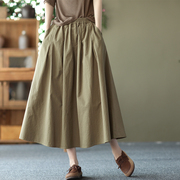 日系高端外贸出口女装尾货棉麻，半身裙宽松高腰，显瘦纯色百搭中长裙