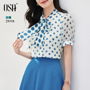 OSA欧莎 法式蓝色波点短袖衬衫女2022夏季设计感显瘦飘带上衣