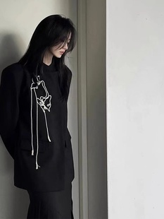 山本耀司新中式国风西装外套，2024春秋款高级感设计黑色休闲西服女