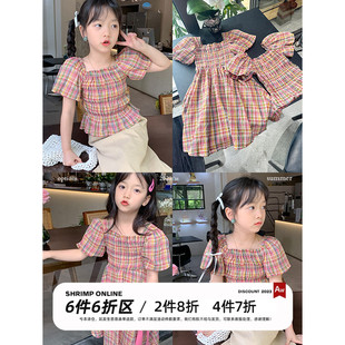 韩国夏装女童纯棉纱小清晰打褶格子衬衫T恤上衣儿童连衣裙子