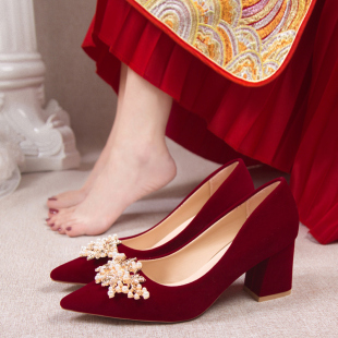 秋季婚鞋女粗跟2024新娘中式红色加绒秀禾婚纱两穿高跟不累脚