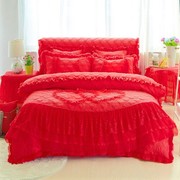婚庆大红色公主风床单四件套，加厚夹棉床裙蕾丝花边床罩被套4件套