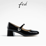 fed黑色皮鞋春季女鞋高跟玛丽珍鞋粗跟浅口单鞋女D0125-ZC003