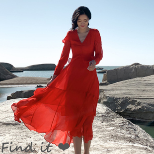 Findit红色飘逸旅拍连衣裙 沙滩裙度假仙雪纺荷叶边波西米亚长裙