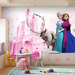 卡通迪士尼冰雪奇缘儿童房墙布女孩卧室背景墙纸壁画粉色冬日城堡