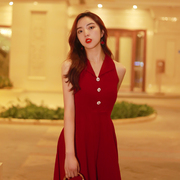 赫本风法式连衣裙无袖红色裙子收腰气质长裙显瘦大摆礼服裙女夏季