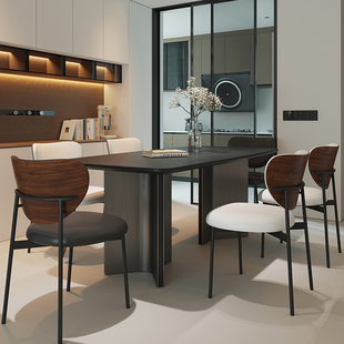士伦意式简约现代黑色，岩板餐桌椅组合长方形，复古小户型侘寂风家用