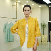 唐装新中式上衣女春夏国潮，黄色提花立领，七分袖衬衫外套女