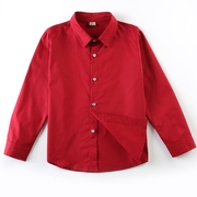 男童红衬衫2024学生纯棉校服，演出服儿童长袖，春秋季衬衣酒红色