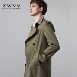zwvv2023秋季英伦双排扣军绿色风衣，男中长款薄款帅气休闲男士外套