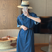 韩国chic夏季简约POLO领明线设计系带收腰短袖牛仔连衣裙配皮带女