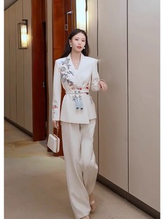 2024春款新中式国风西装套装女高端气质干练刺绣西服职业装两件套