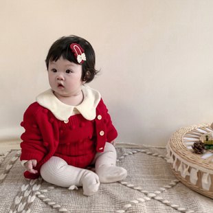 女童毛衣套装秋冬装婴儿针织开衫外套+背带包屁裤宝宝新年外出服