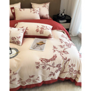 新中式花鸟刺绣婚庆红色，四件套纯棉100s双面，全棉结婚被套床单床品