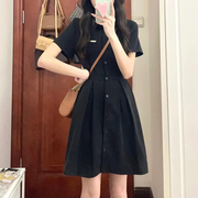 夏季韩版小黑裙显瘦polo领短裙子，高级感学院黑色衬衫连衣裙女