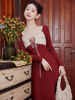 绝美女装新中式日常针织连衣裙港风红色长裙气质高级感小个子礼服