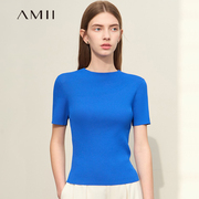 amii极简修身短袖针织衫，女夏季2024纯色半高领，双曲纱套头上衣