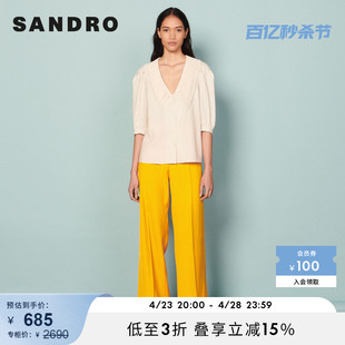 SANDRO Outlet春秋女装法式针织细条纹V领亚麻衬衫上衣SFPCM00587