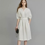白色设计感纯棉v领连衣裙女2023夏季通勤风休闲简约裙子
