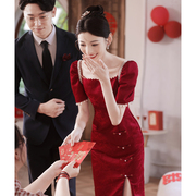 敬酒服新娘旗袍酒红色，小个子订婚礼服裙新中式，婚礼高级感结婚夏季