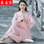 中式唐装套装复古棉麻，茶服禅修服居士服中国风汉服禅意女装瑜伽服