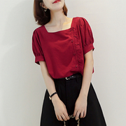2024夏季韩版复古红色木耳边方领衬衫女短袖设计感洋气百搭上衣