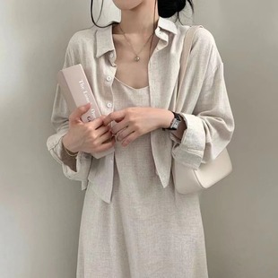 韩国chic秋季法式复古气质减龄棉麻吊带连衣裙，+衬衫外套两件套女