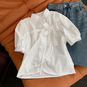 韩式白色简洁短袖雪纺衬衫Polo领通勤风开衫上衣时尚休闲洋气G$21