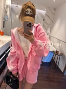 智研韩国进口自留套装，连帽卫衣短裤粉色纯色，复合材质洋气时尚