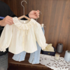 1-5岁女宝宝亲肤压皱棉，衬衫上衣3女婴，儿童春装女童典雅蕾丝领衬衣