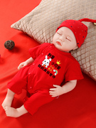 新生男女宝宝百天连体衣，夏季百日宴，百岁薄款红色纯棉婴儿服100天