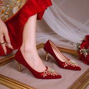 中式婚鞋高跟鞋女红色秀禾服新娘，鞋2023年不累脚敬酒服鞋